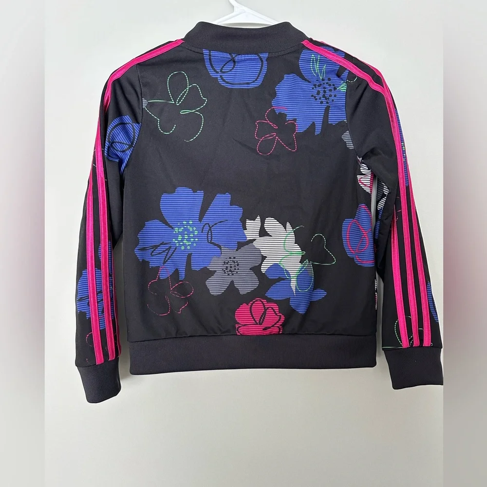Adidas Kids Black Floral Jacket with Pink and Blue Accents